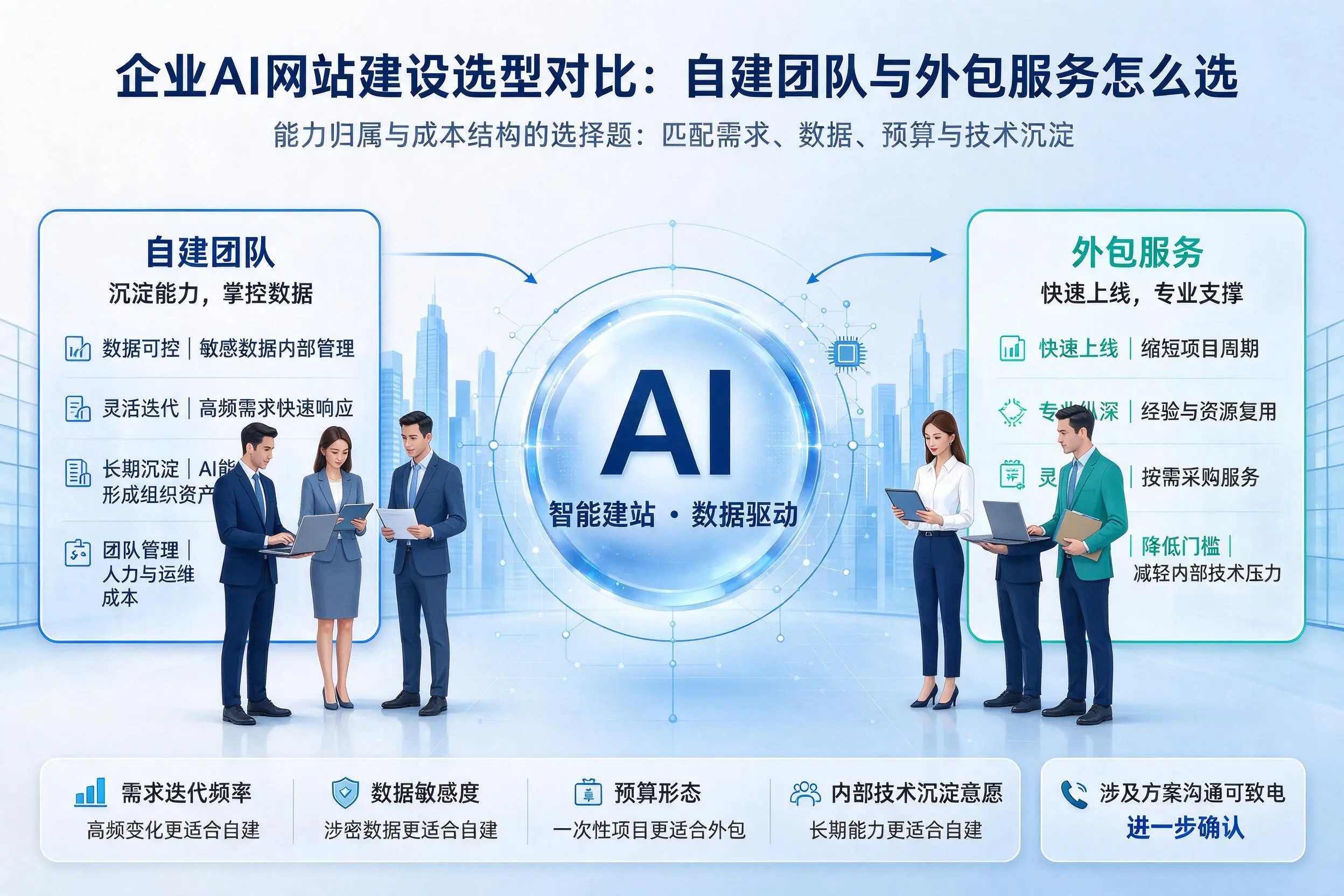 玉林企业AI网站建设选型对比：自建团队与外包服务怎么选